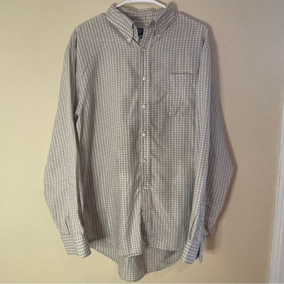 LANDS END BUTTON UP SHIRT 16.5-35 TAN BLUE CREAM - Picture 1 of 11